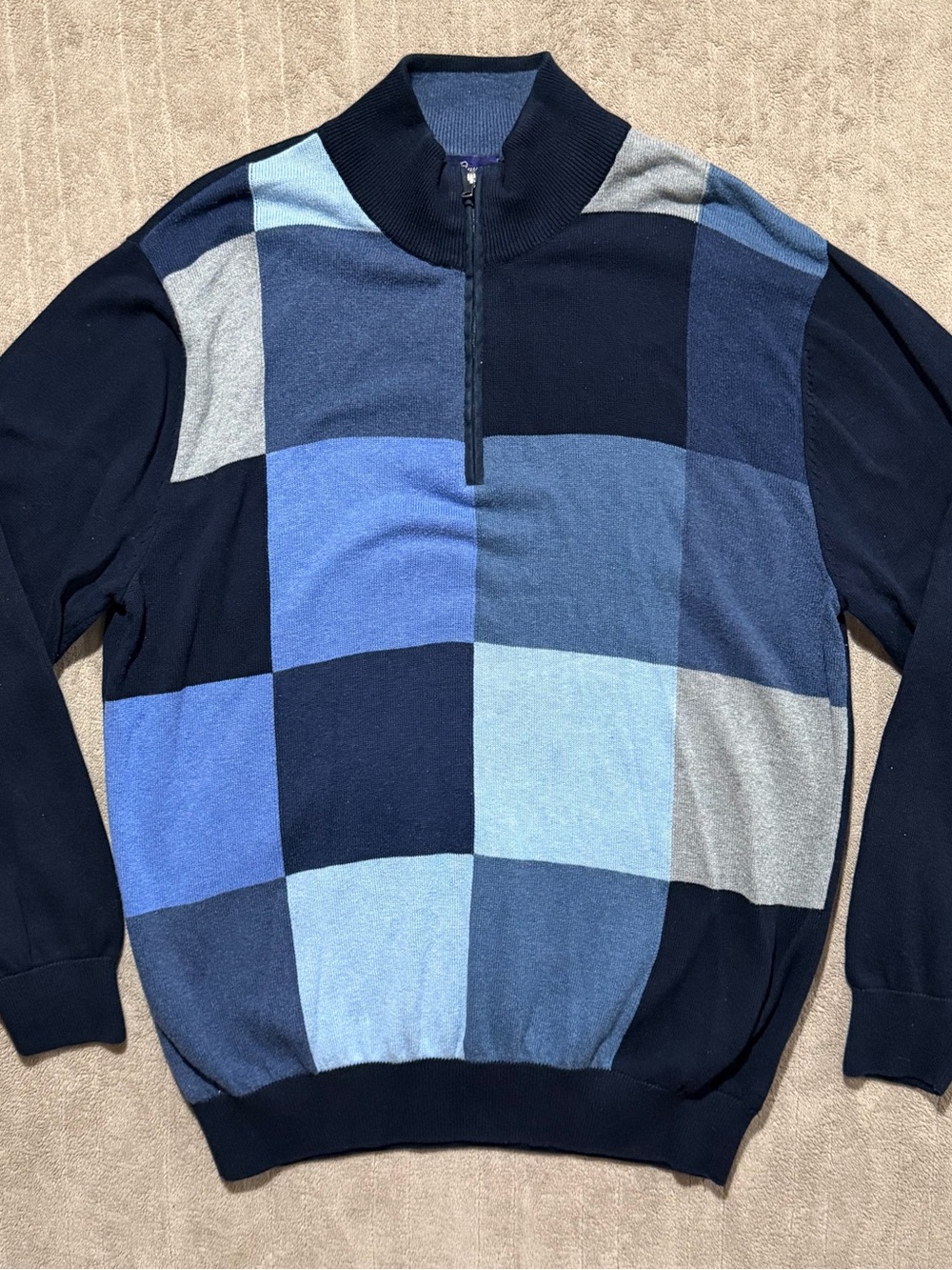 Alan Flusser Men’s Blue 1/4 Zip Pullover Sweater Long Sleeve 100% Cotton Preppy